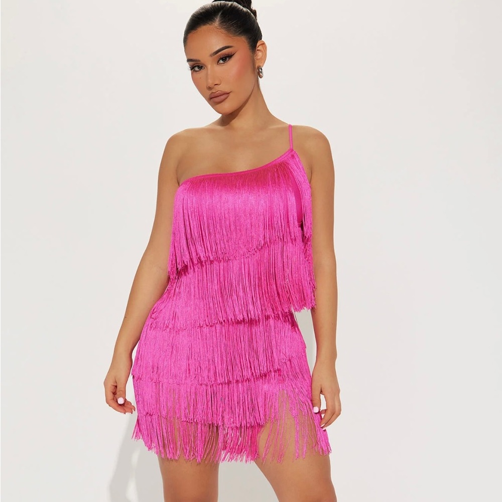 BRAND NEW! FashionNova pink fringe dress